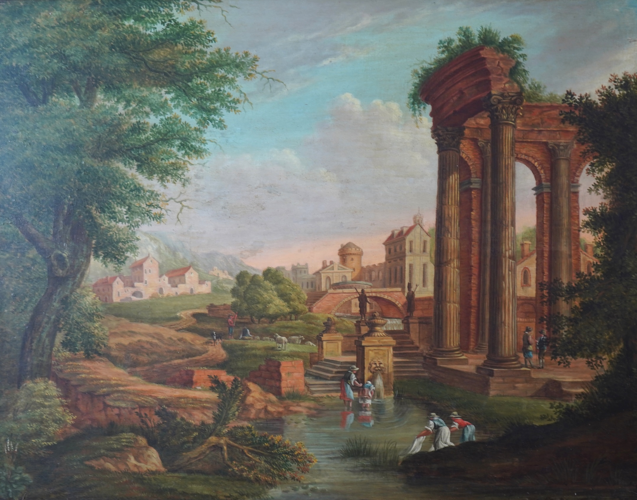 Continental School, 18th century, An Italianate landscape with fountain and ruins